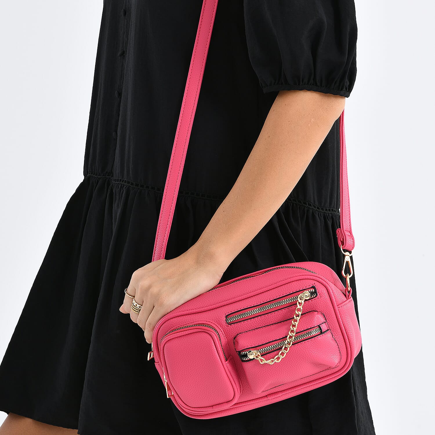 Multi-Pocket Crossbody Bag with Gold Chain Detail - Rose Red