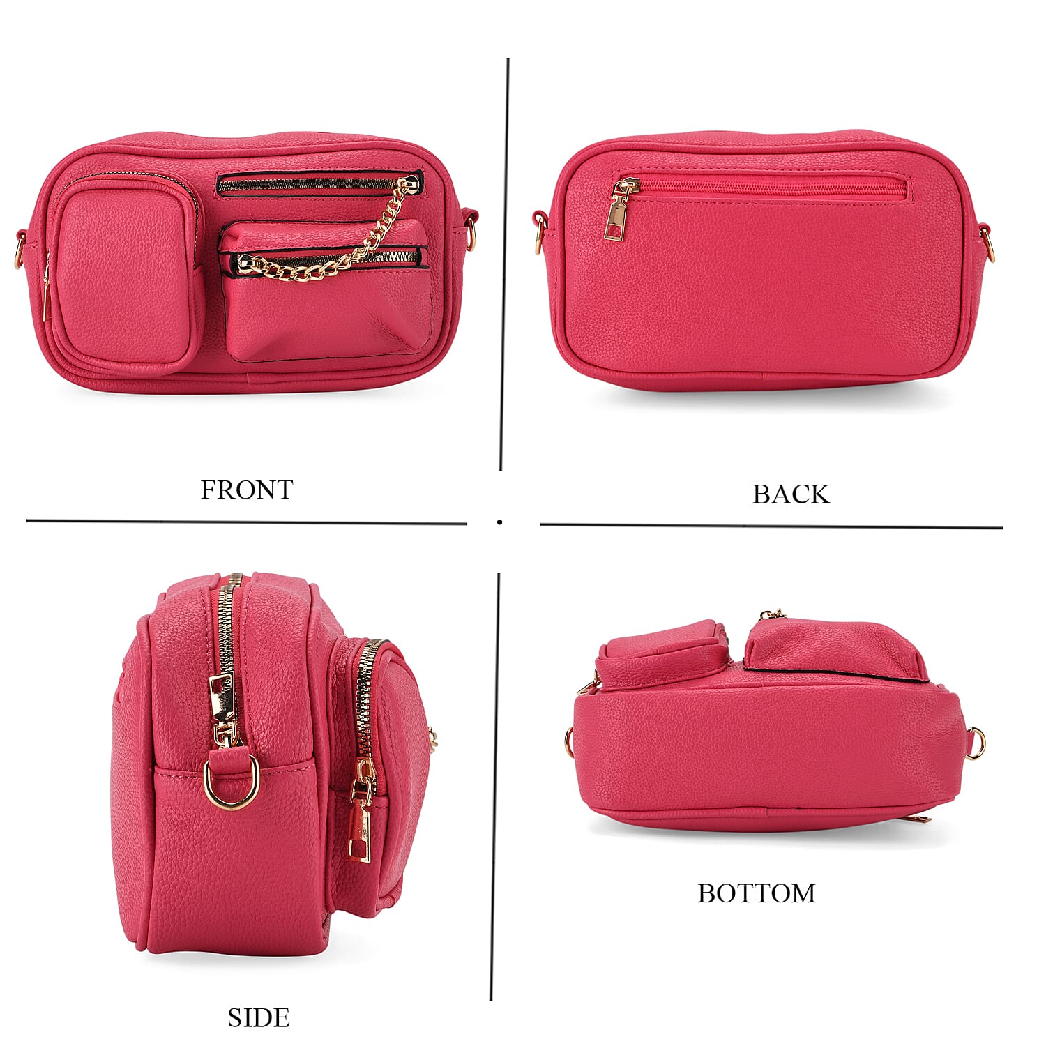 Multi-Pocket Crossbody Bag with Gold Chain Detail - Rose Red
