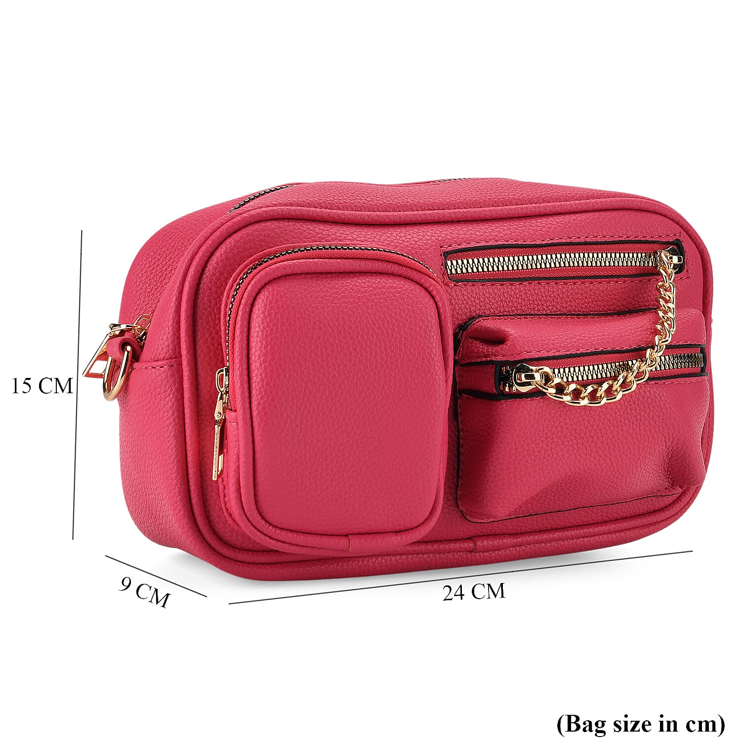 Multi-Pocket Crossbody Bag with Gold Chain Detail - Rose Red