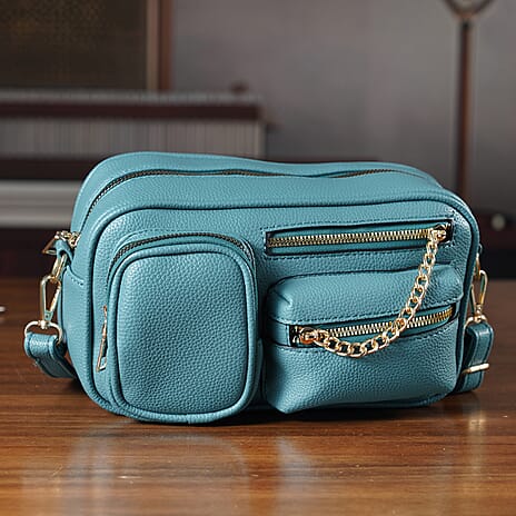 Multi-Pocket Crossbody Bag with Gold Chain Detail - Teal