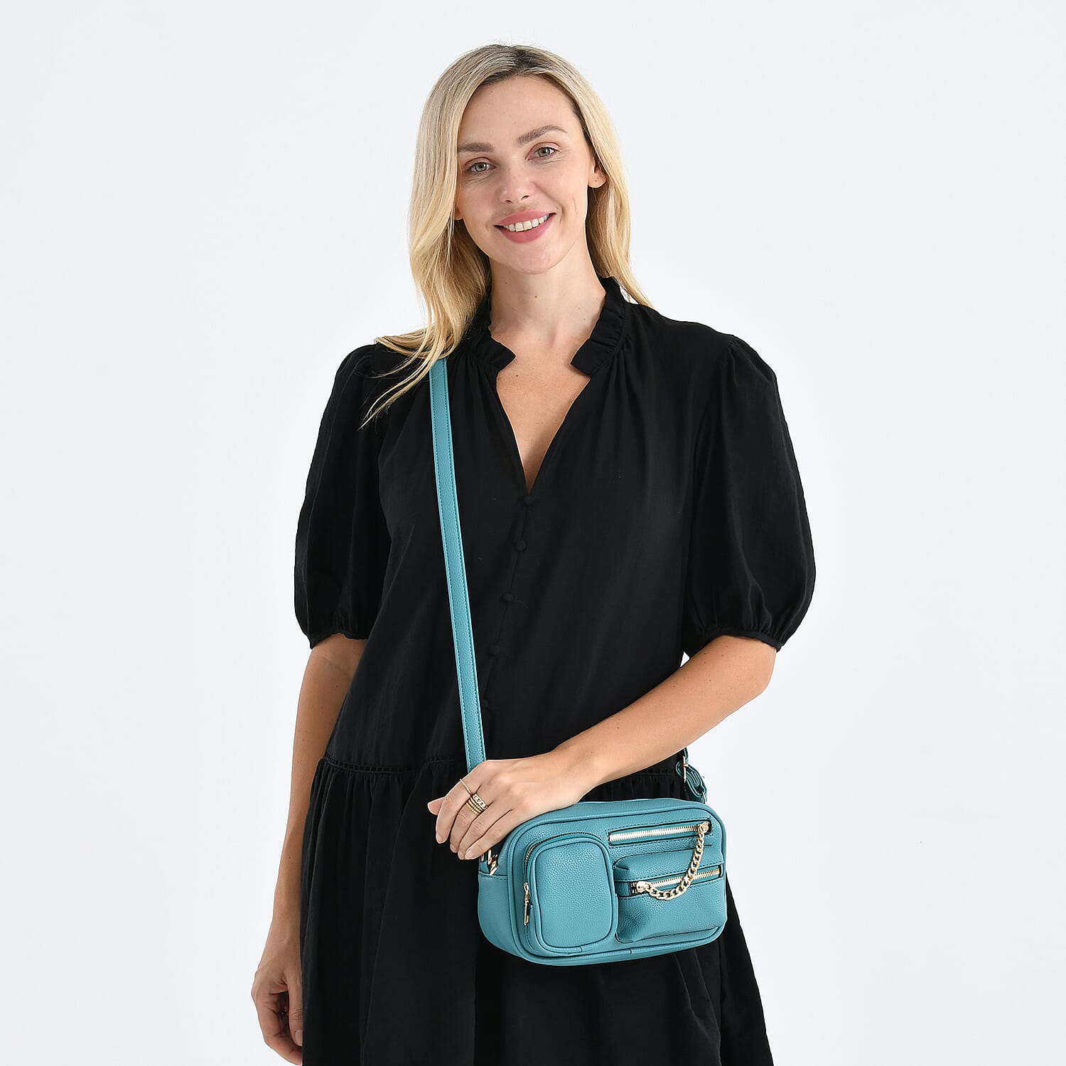 Multi-Pocket Crossbody Bag with Gold Chain Detail - Teal