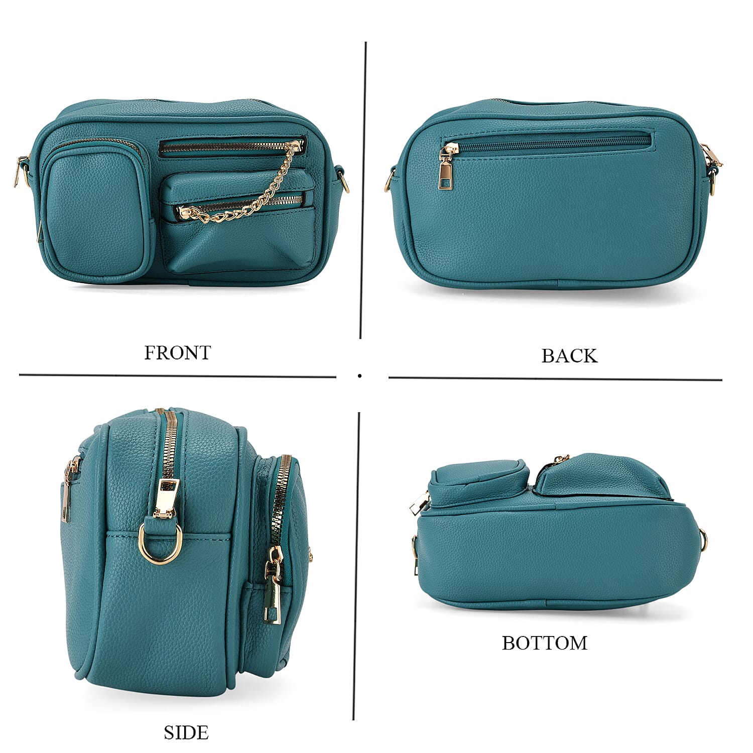 Multi-Pocket Crossbody Bag with Gold Chain Detail - Teal