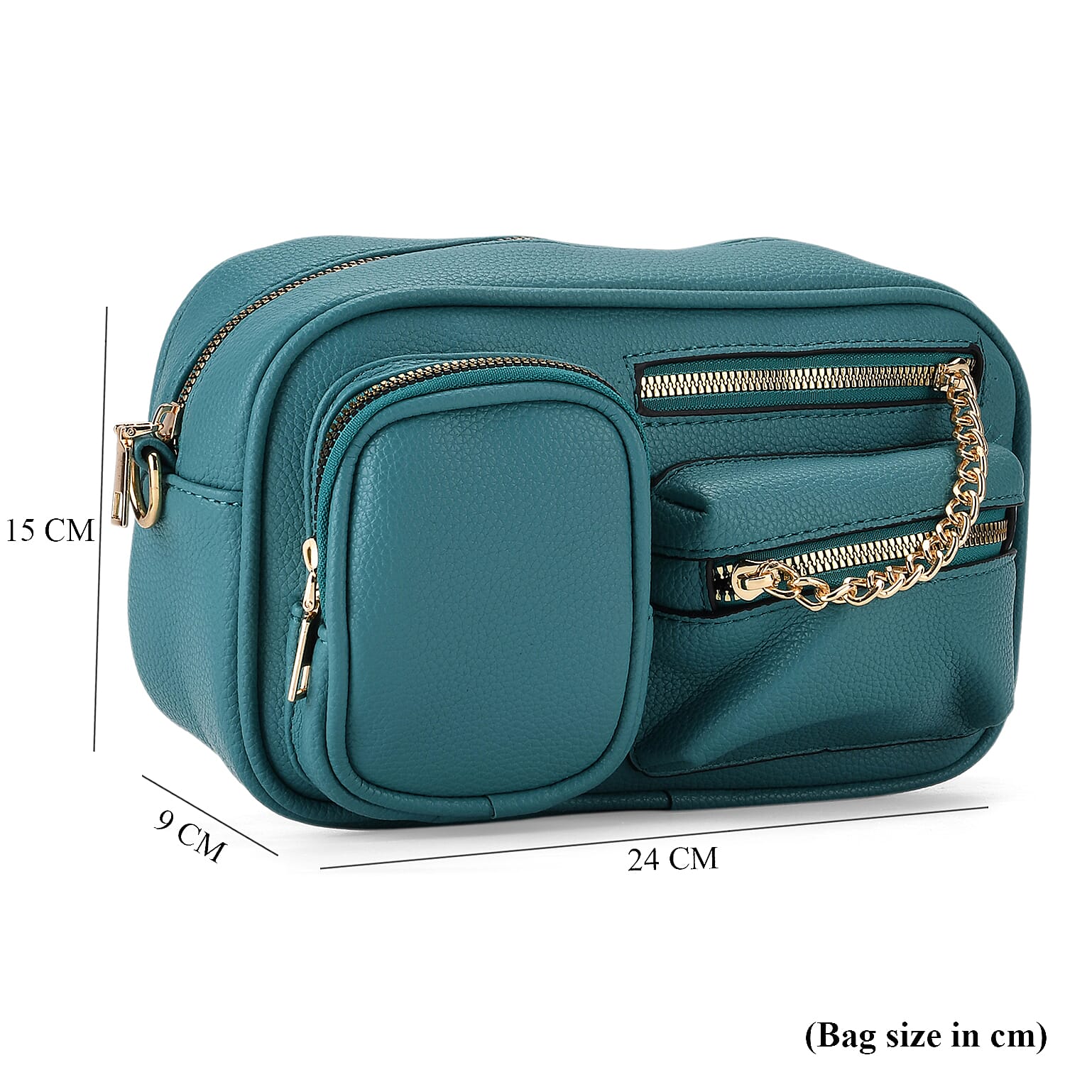 Multi-Pocket Crossbody Bag with Gold Chain Detail - Teal