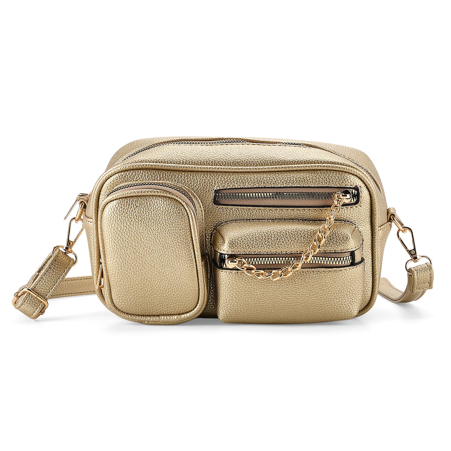 Multi-Pocket Crossbody Bag with Gold Chain Detail - Gold
