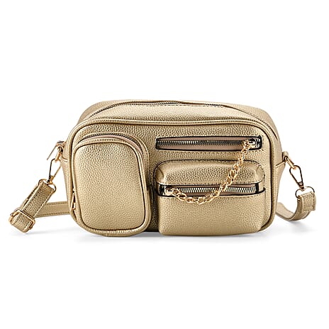 Multi-Pocket Crossbody Bag with Gold Chain Detail - Gold
