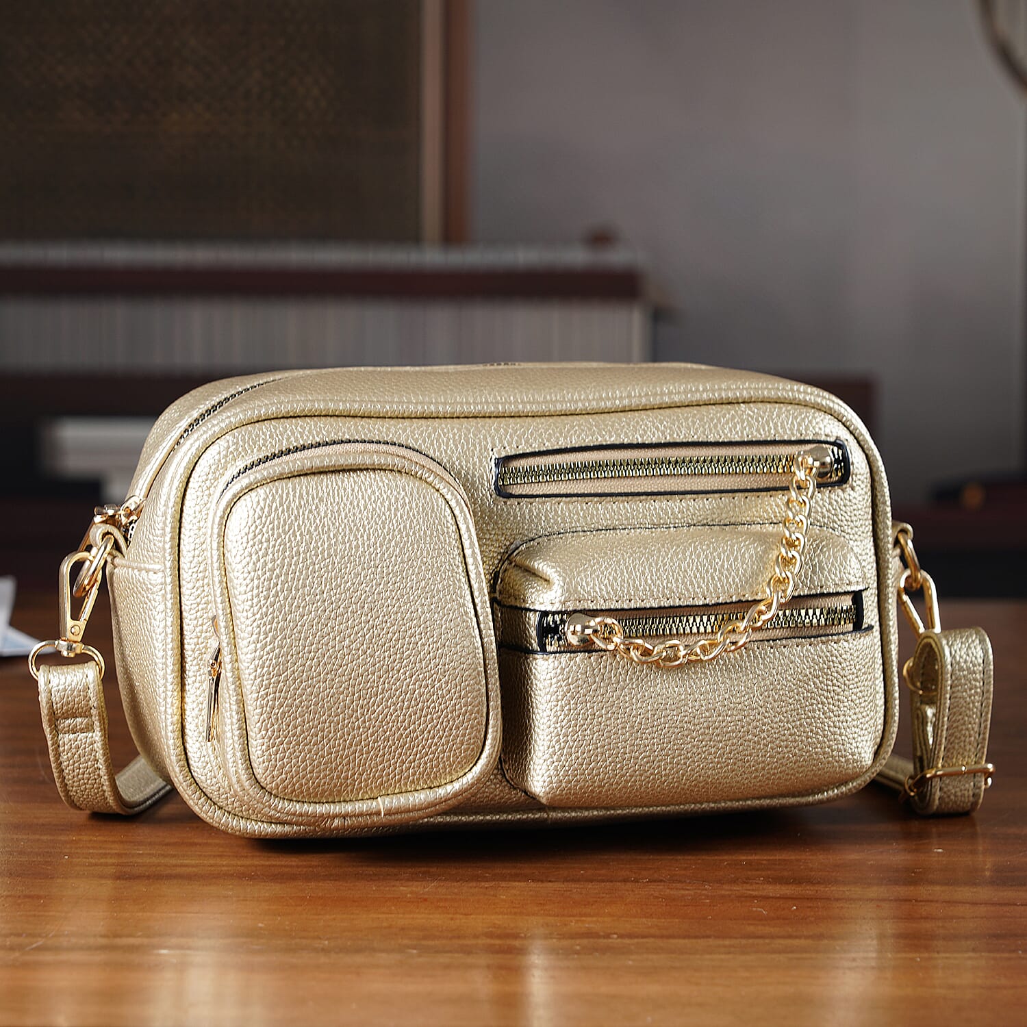 Multi-Pocket Crossbody Bag with Gold Chain Detail - Gold