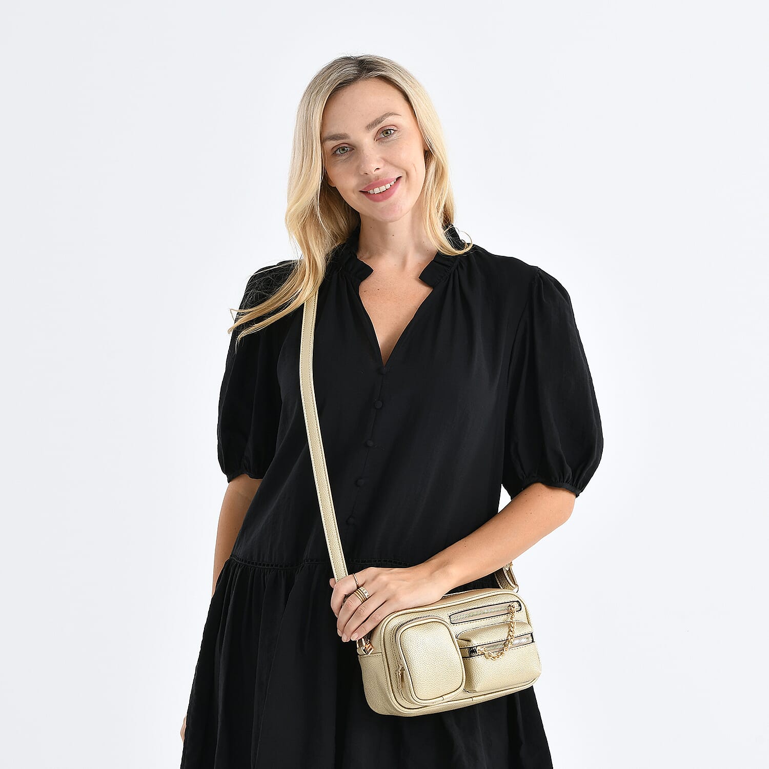 Multi-Pocket Crossbody Bag with Gold Chain Detail - Gold