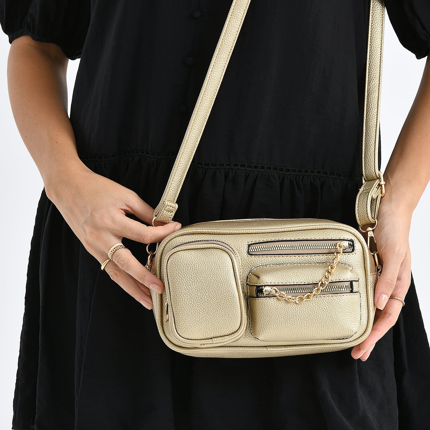 Multi-Pocket Crossbody Bag with Gold Chain Detail - Gold