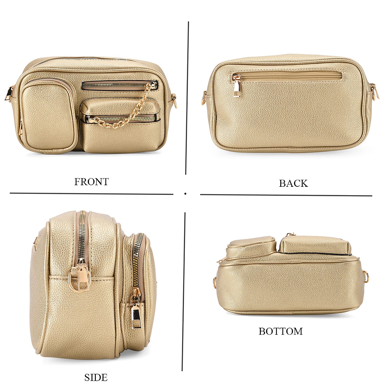 Multi-Pocket Crossbody Bag with Gold Chain Detail - Gold