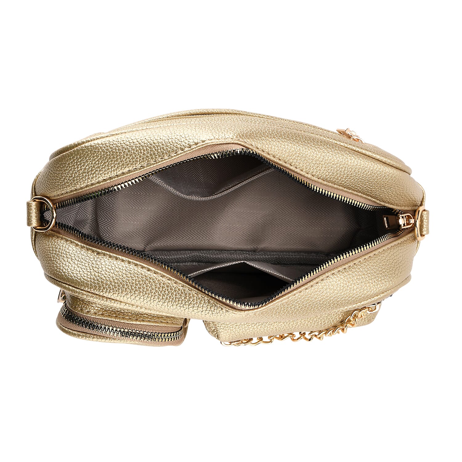 Multi-Pocket Crossbody Bag with Gold Chain Detail - Gold