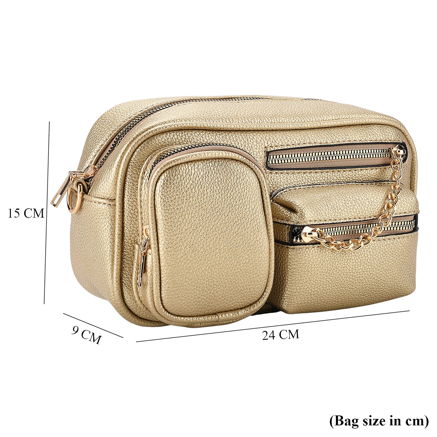Multi-Pocket Crossbody Bag with Gold Chain Detail - Gold