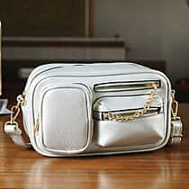 Multi-Pocket Crossbody Bag with Gold Chain Detail - Silver