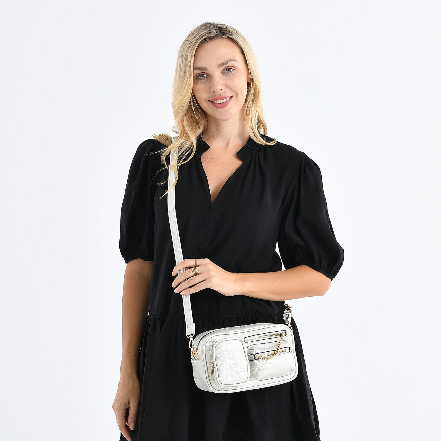 Multi-Pocket Crossbody Bag with Gold Chain Detail - Silver