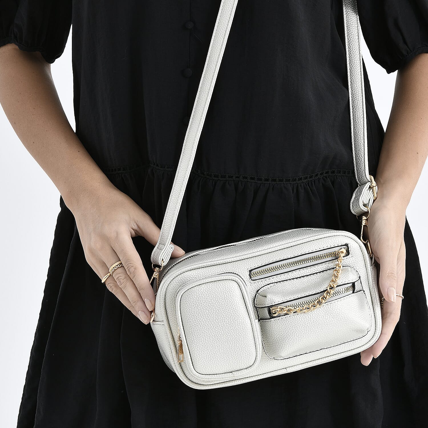 Multi-Pocket Crossbody Bag with Gold Chain Detail - Silver