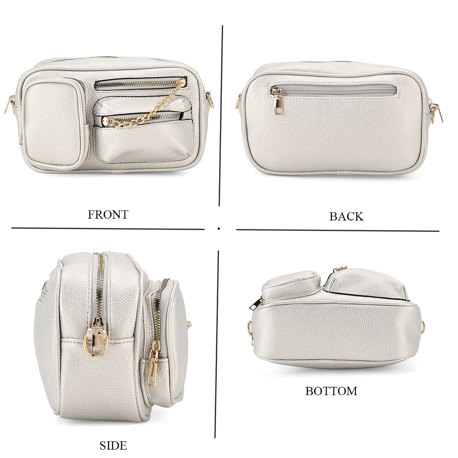 Multi-Pocket Crossbody Bag with Gold Chain Detail - Silver