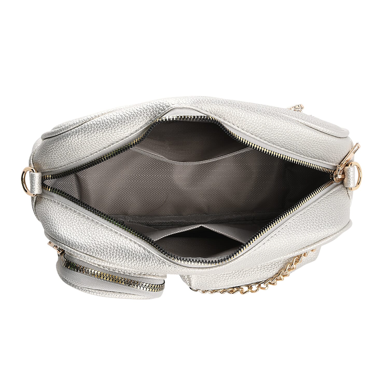 Multi-Pocket Crossbody Bag with Gold Chain Detail - Silver
