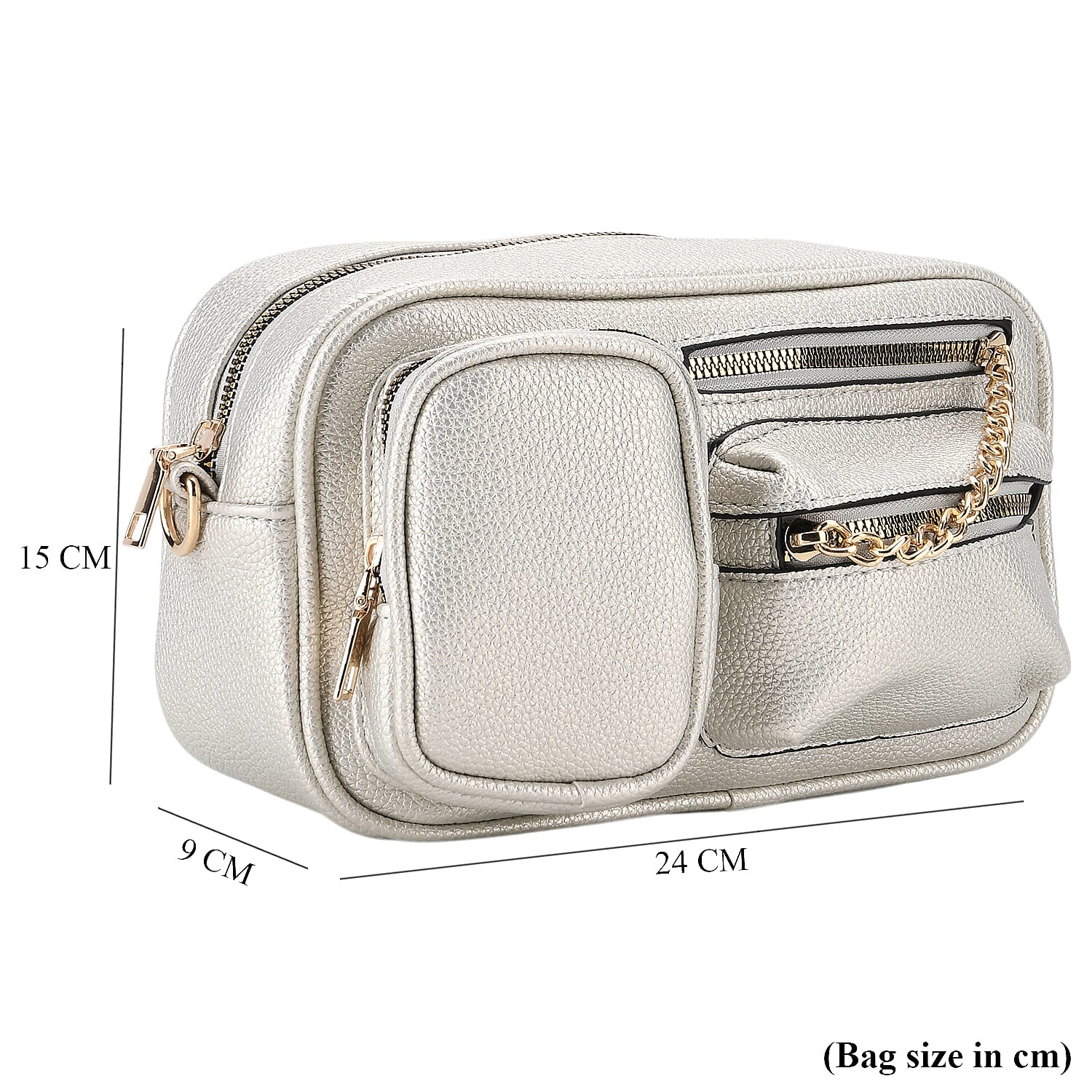 Multi-Pocket Crossbody Bag with Gold Chain Detail - Silver