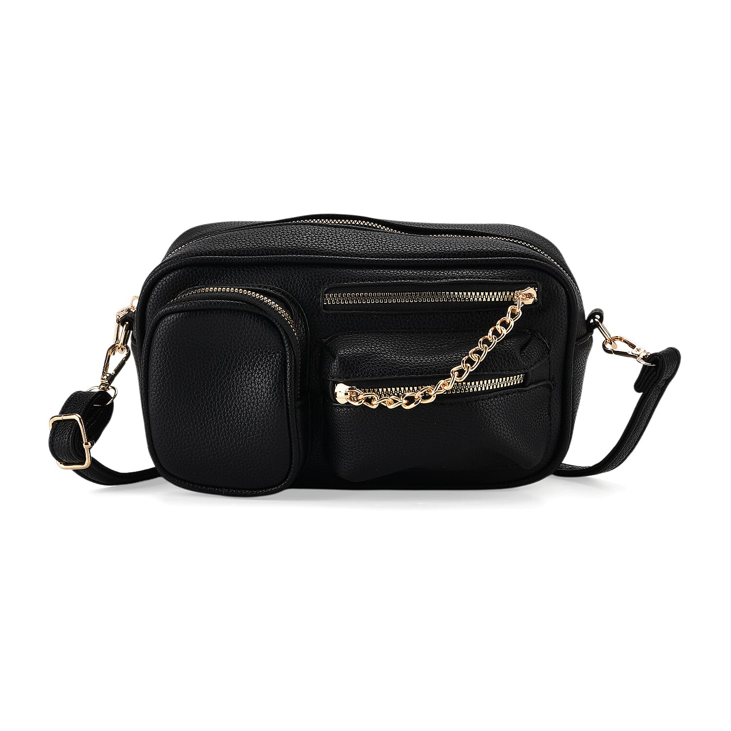Multi-Pocket Crossbody Bag with Gold Chain Detail - Black