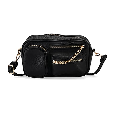 Multi-Pocket Crossbody Bag with Gold Chain Detail - Black