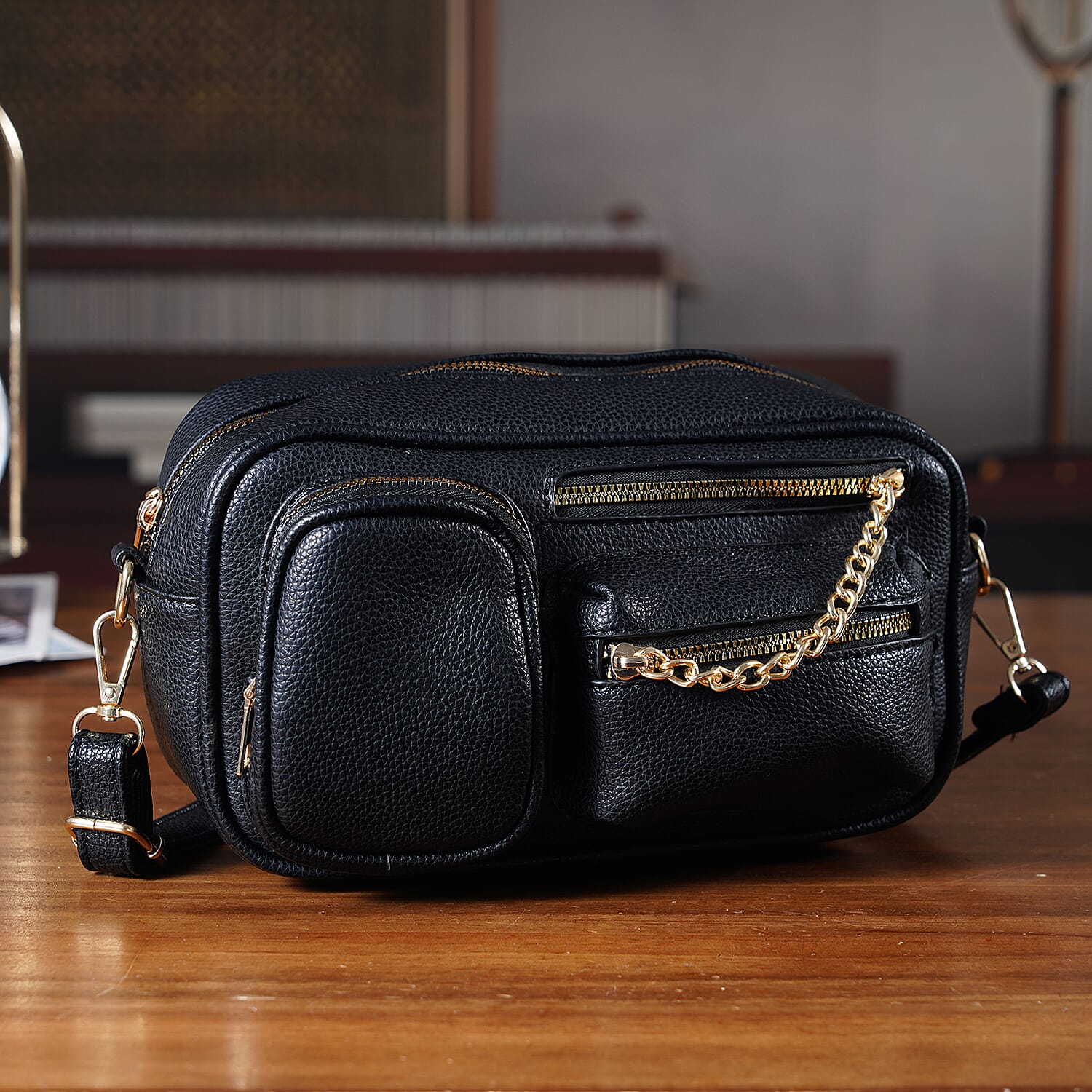 Multi-Pocket Crossbody Bag with Gold Chain Detail - Black
