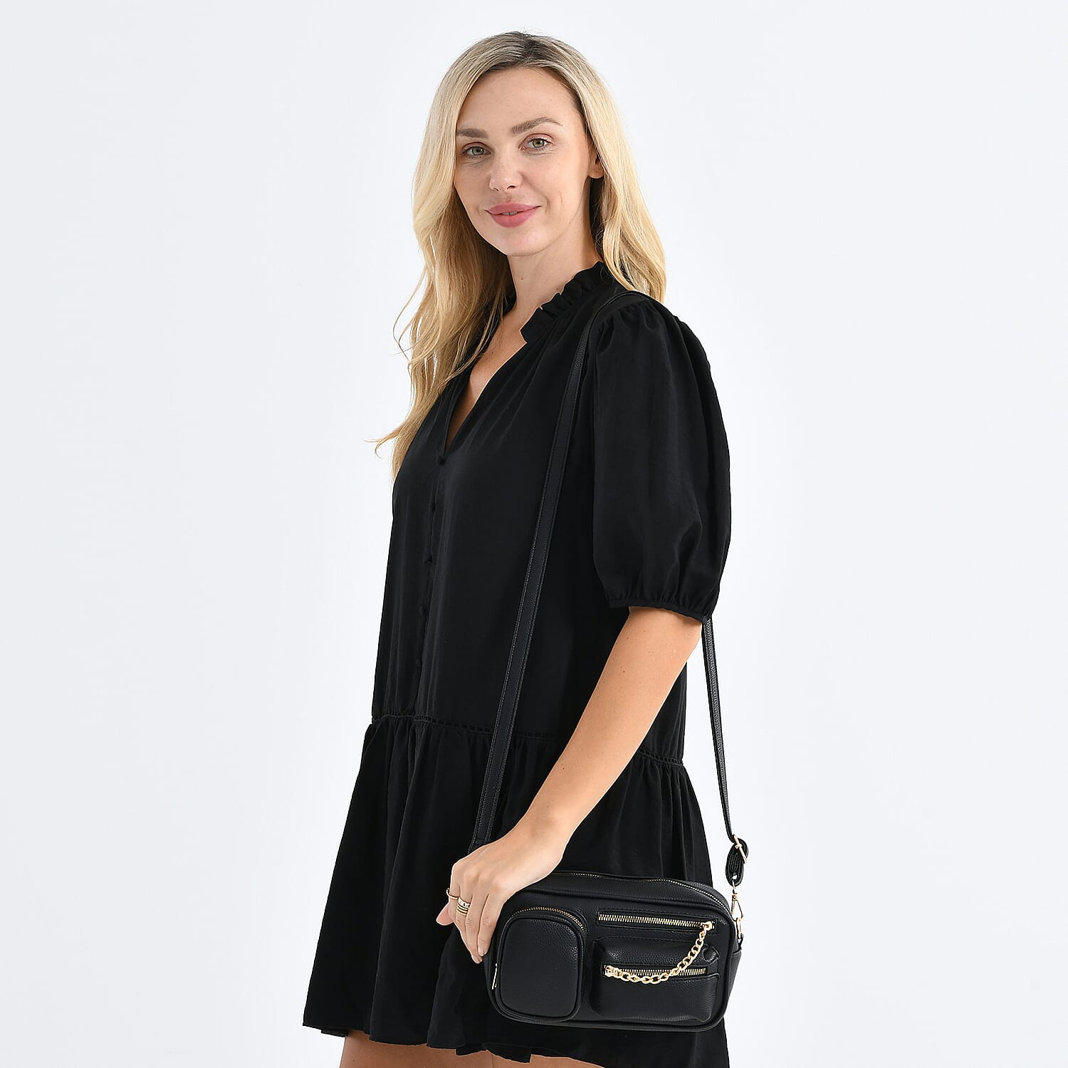 Multi-Pocket Crossbody Bag with Gold Chain Detail - Black