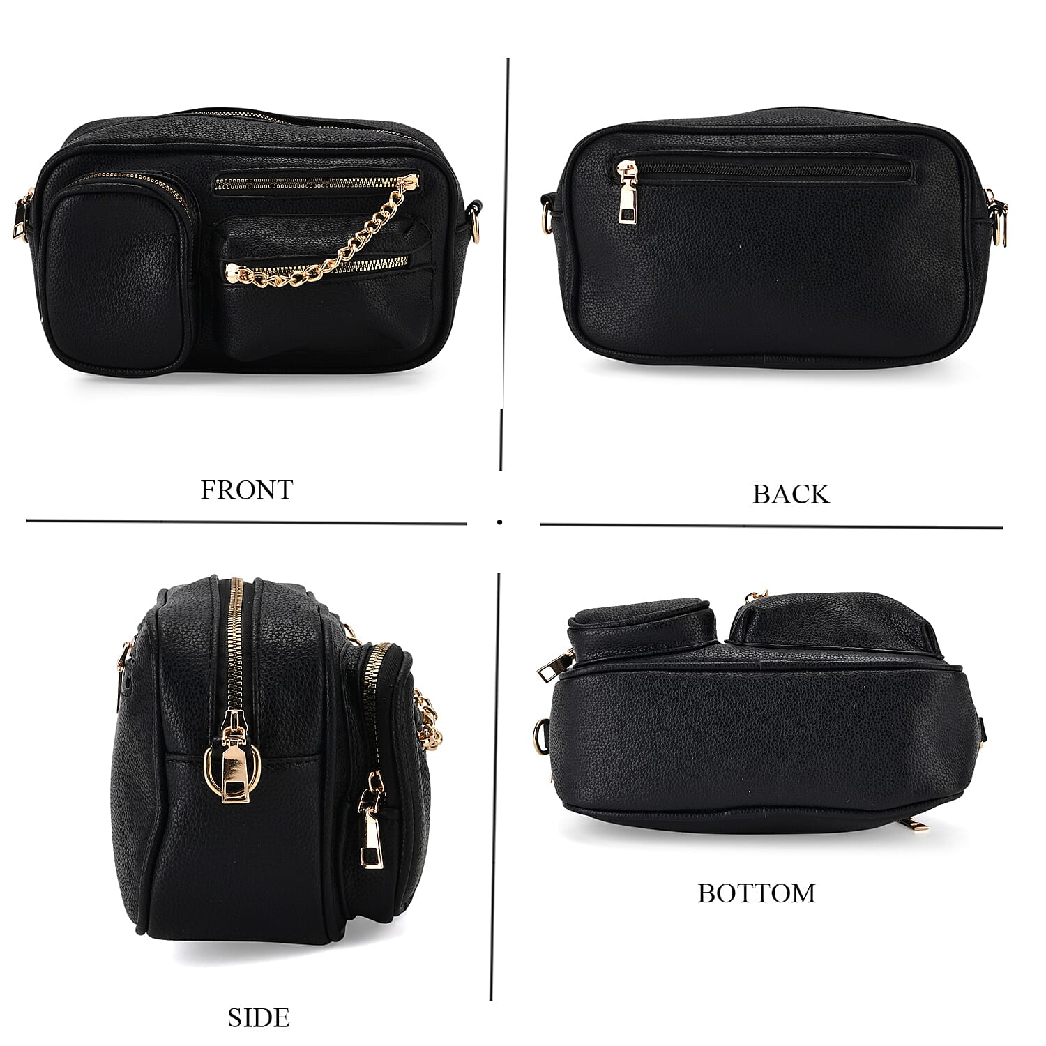 Multi-Pocket Crossbody Bag with Gold Chain Detail - Black