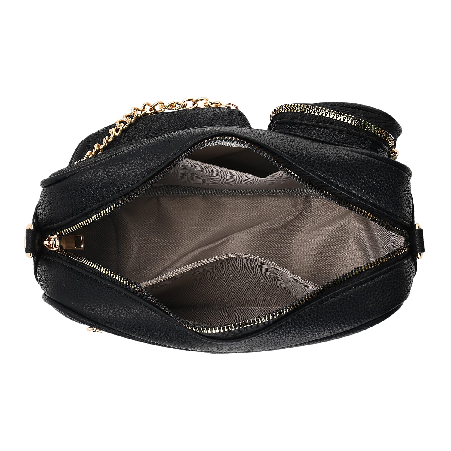 Multi-Pocket Crossbody Bag with Gold Chain Detail - Black