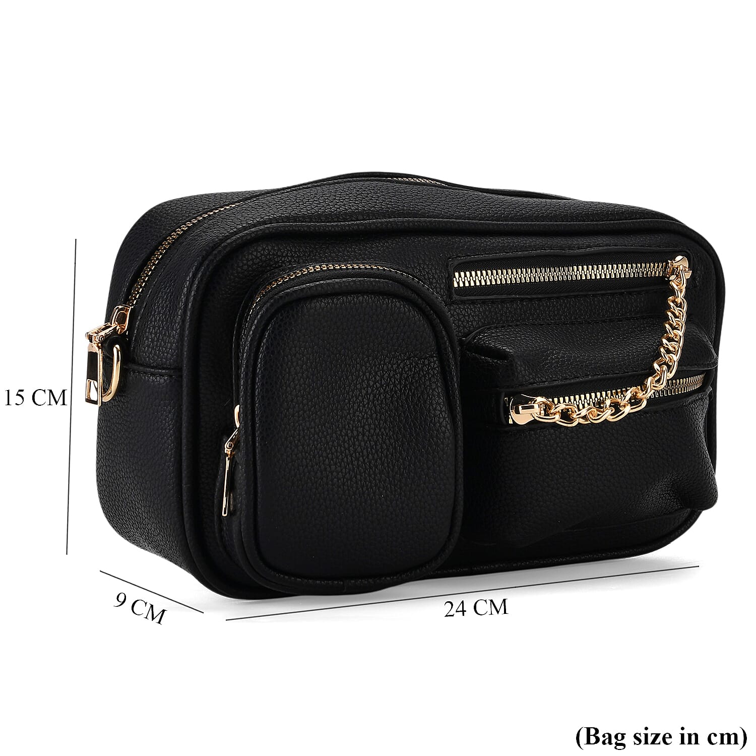 Multi-Pocket Crossbody Bag with Gold Chain Detail - Black