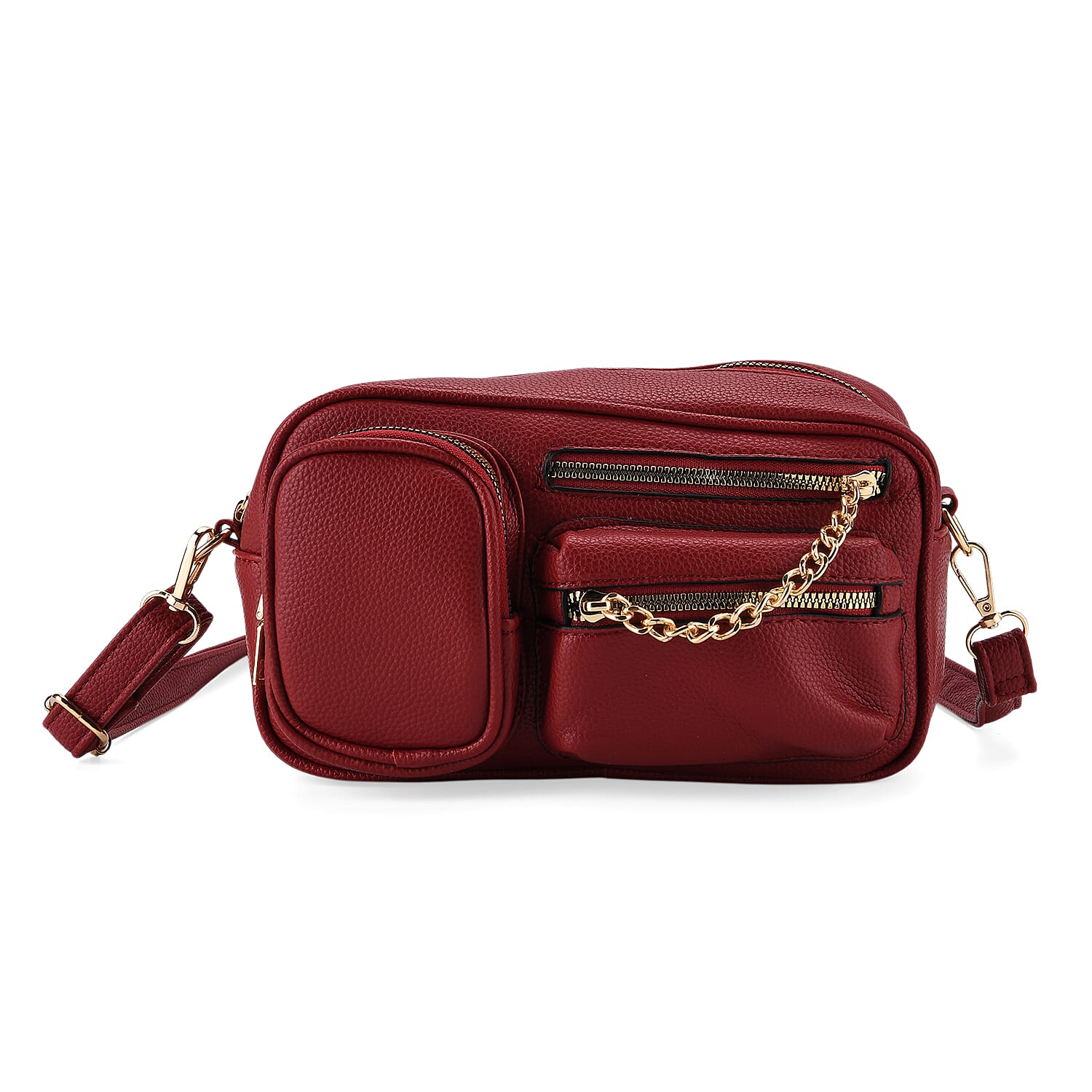 Multi-Pocket Crossbody Bag with Gold Chain Detail - Burgundy