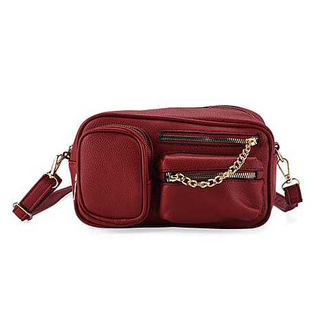 Multi-Pocket Crossbody Bag with Gold Chain Detail - Burgundy