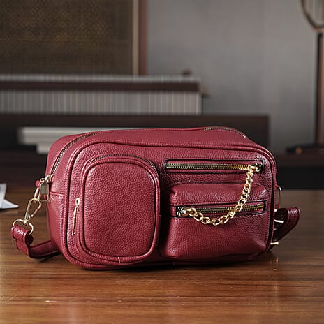 Multi-Pocket Crossbody Bag with Gold Chain Detail - Burgundy