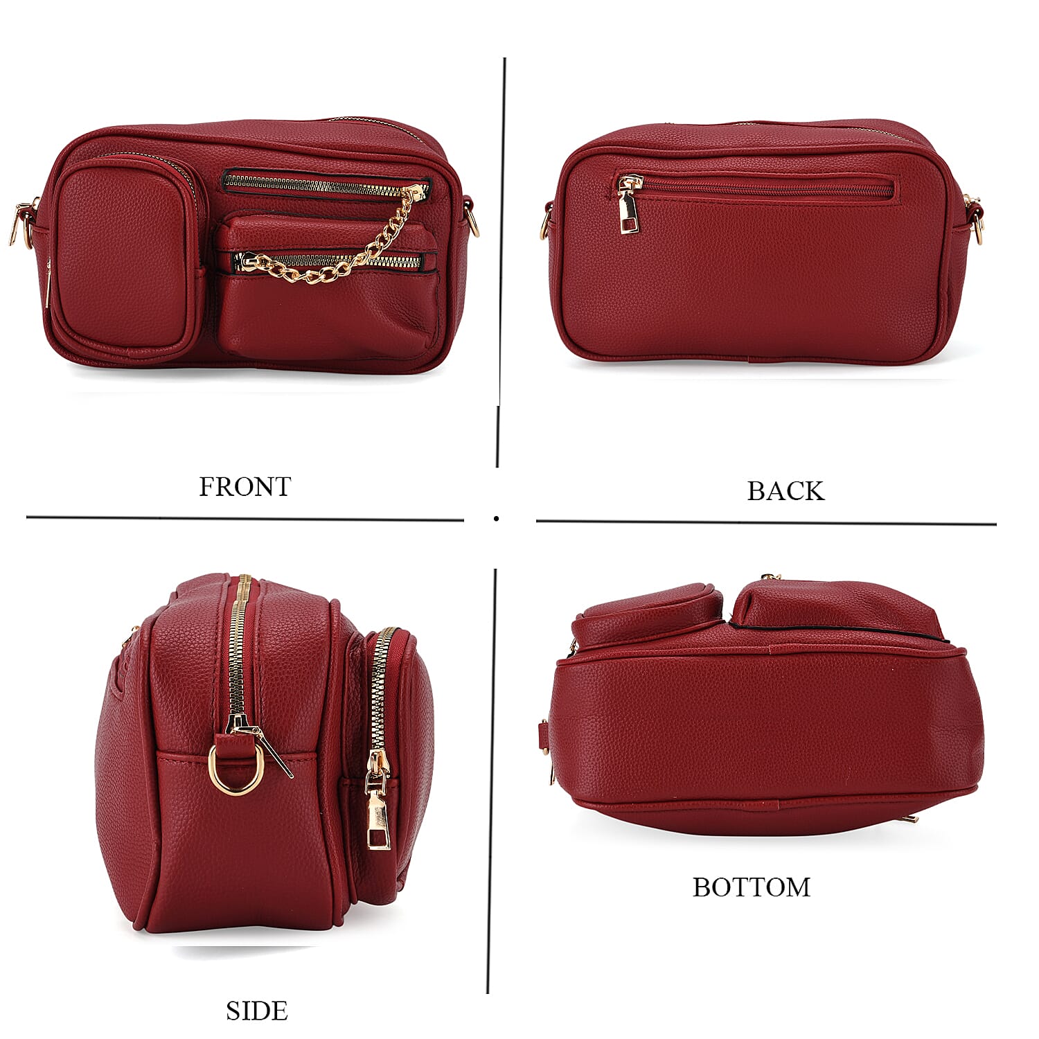 Multi-Pocket Crossbody Bag with Gold Chain Detail - Burgundy