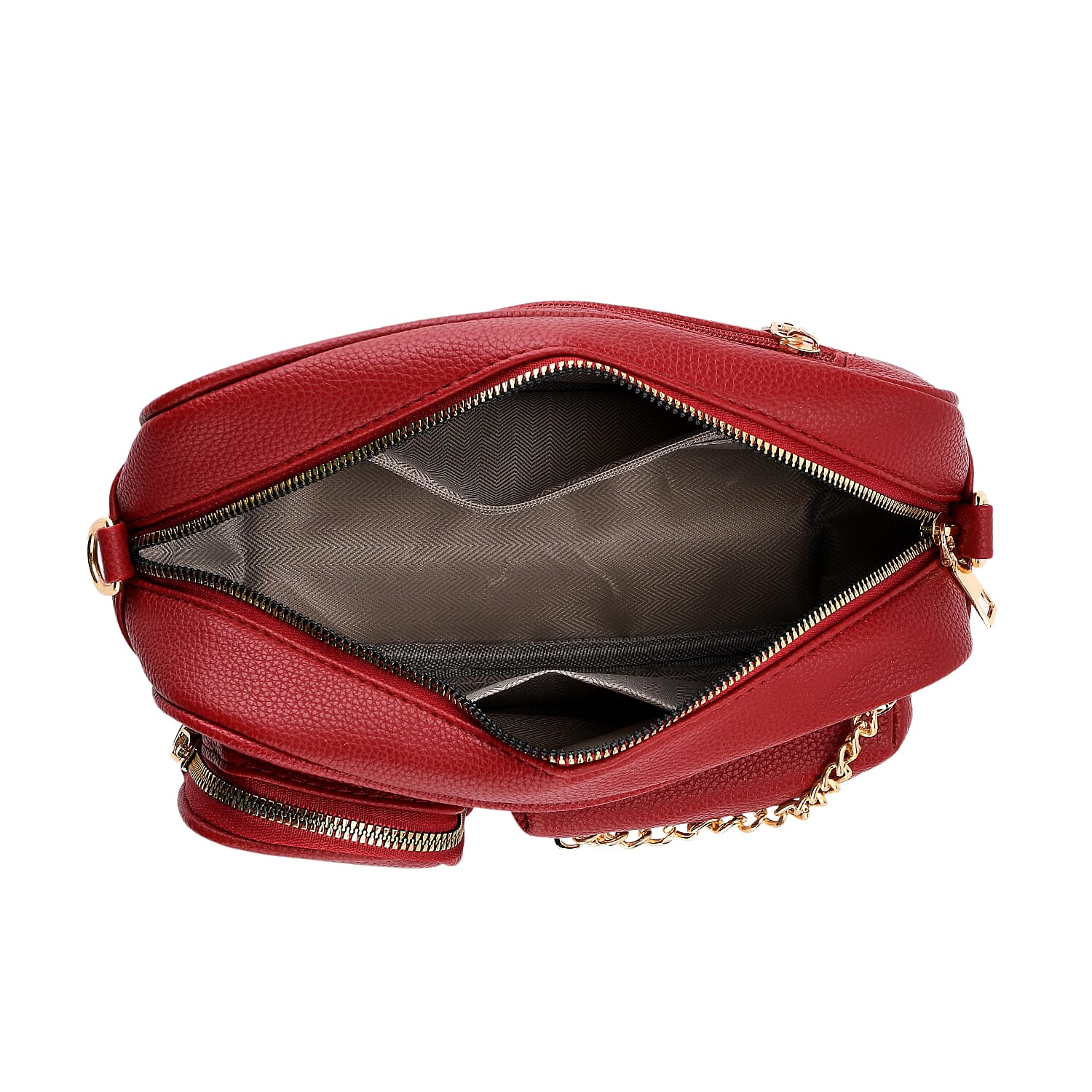Multi-Pocket Crossbody Bag with Gold Chain Detail - Burgundy