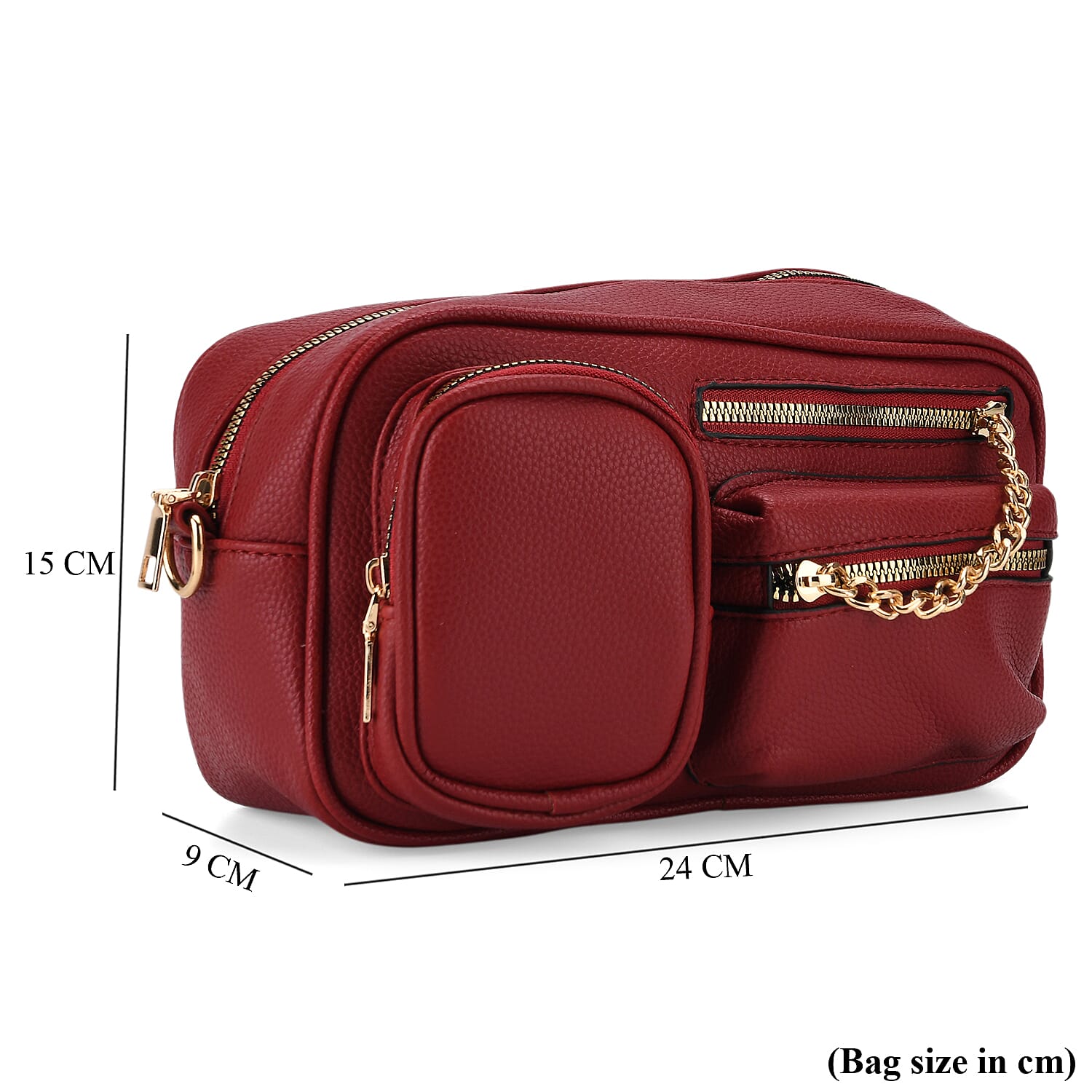 Multi-Pocket Crossbody Bag with Gold Chain Detail - Burgundy