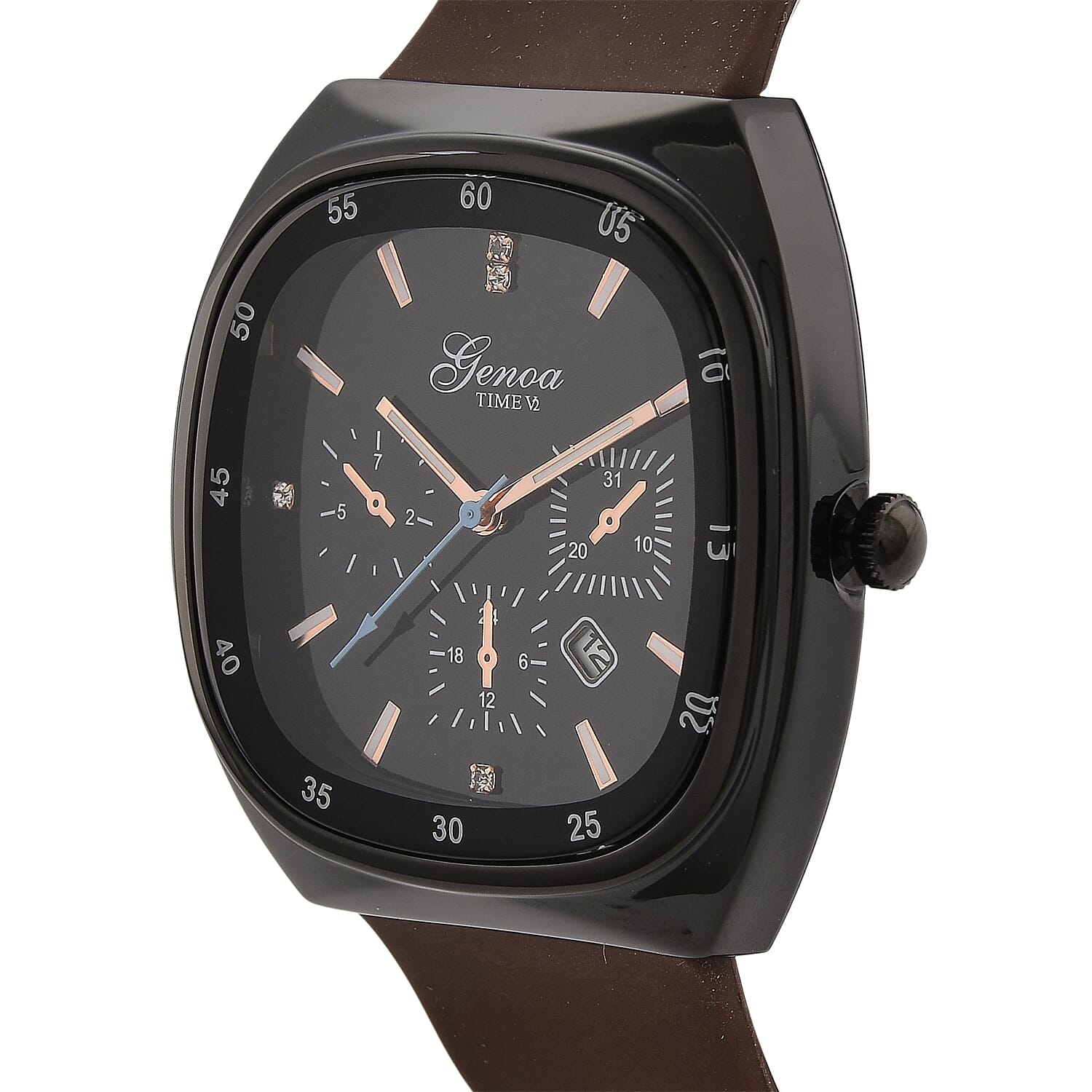 GENOA TIME V2 Quartz PC32 1ATM WR Black False Multifunction Dial & Black Case Mens Watch with Brown Silicone Strap