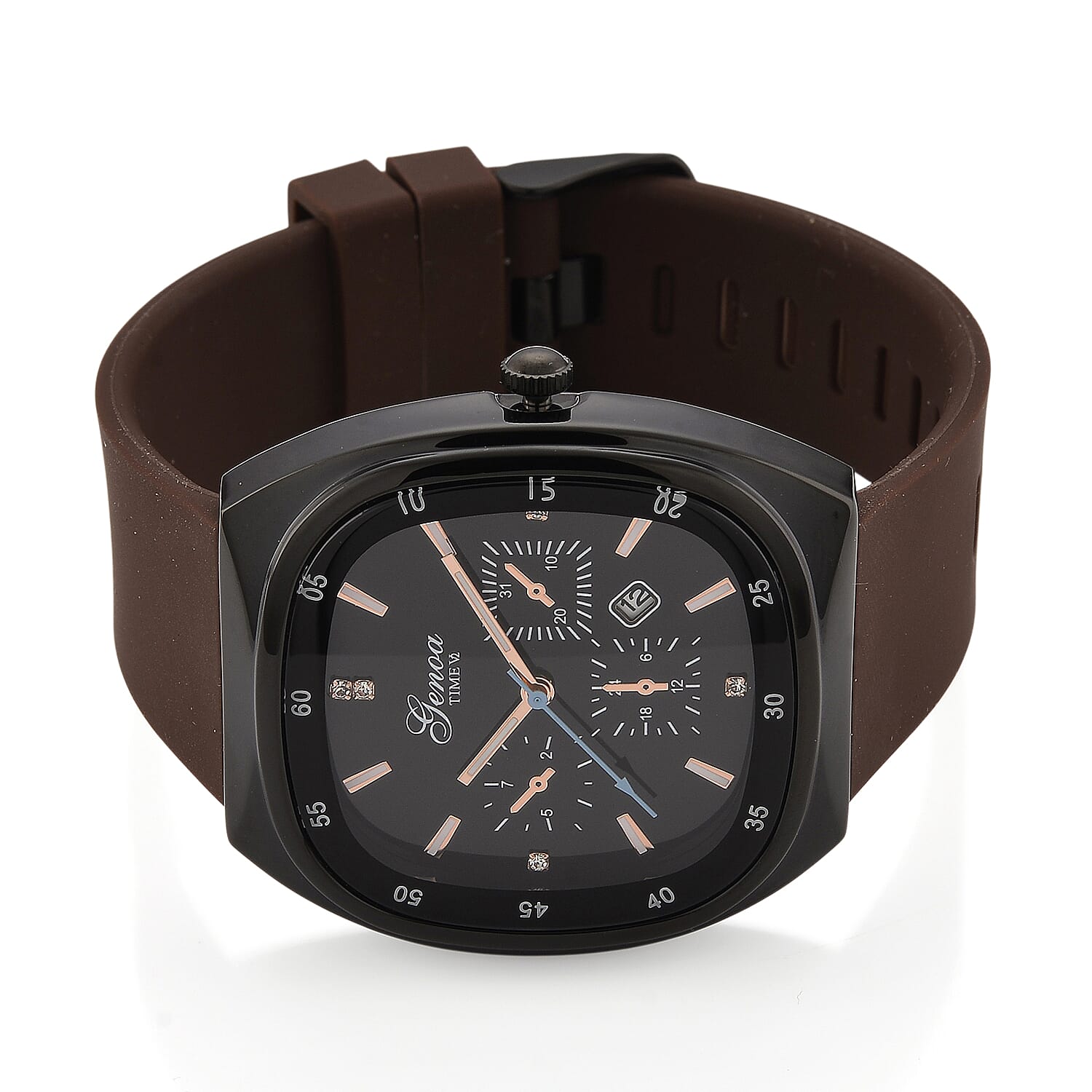 GENOA TIME V2 Quartz PC32 1ATM WR Black False Multifunction Dial & Black Case Mens Watch with Brown Silicone Strap