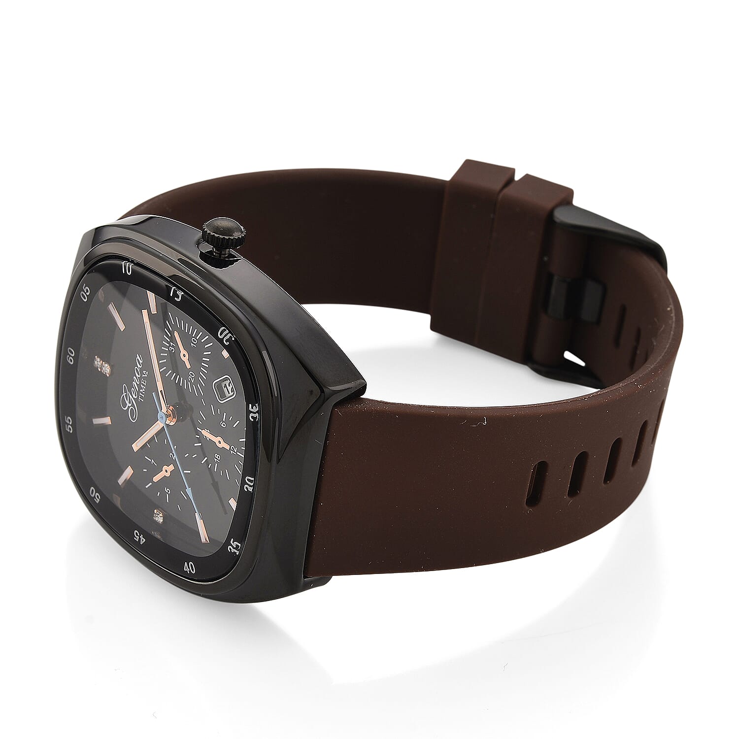 GENOA TIME V2 Quartz PC32 1ATM WR Black False Multifunction Dial & Black Case Mens Watch with Brown Silicone Strap