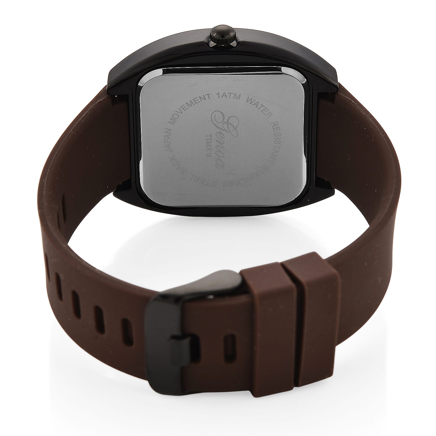 GENOA TIME V2 Quartz PC32 1ATM WR Black False Multifunction Dial & Black Case Mens Watch with Brown Silicone Strap