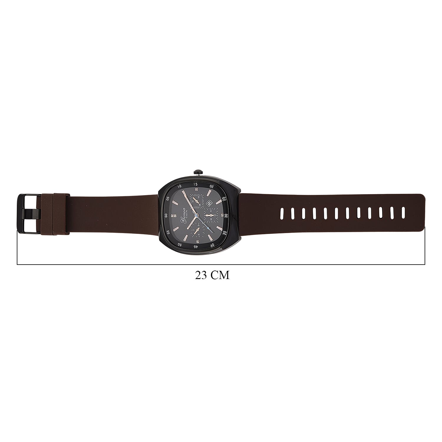 GENOA TIME V2 Quartz PC32 1ATM WR Black False Multifunction Dial & Black Case Mens Watch with Brown Silicone Strap