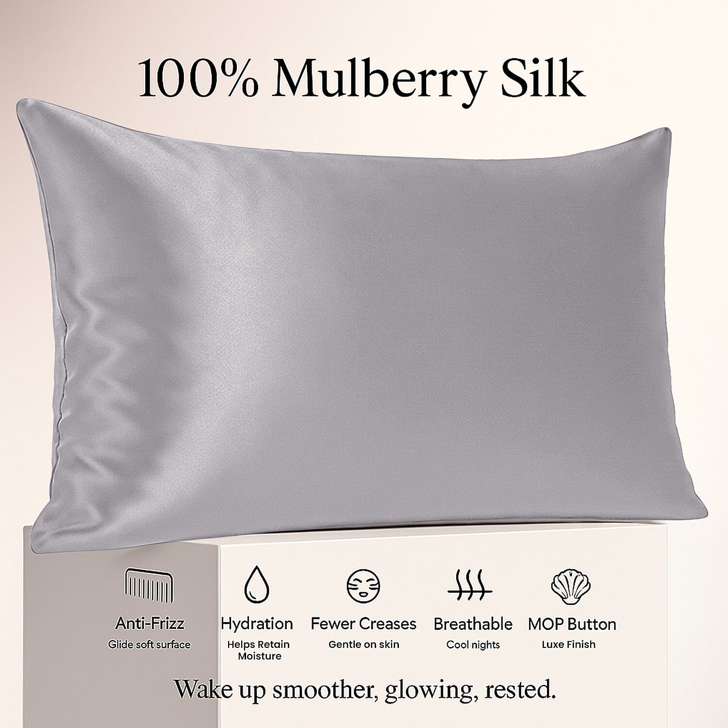 LIVMORE 100% Mulberry Silk Luxury Pillow Cover with MOP Button Closure - Silver Grey
