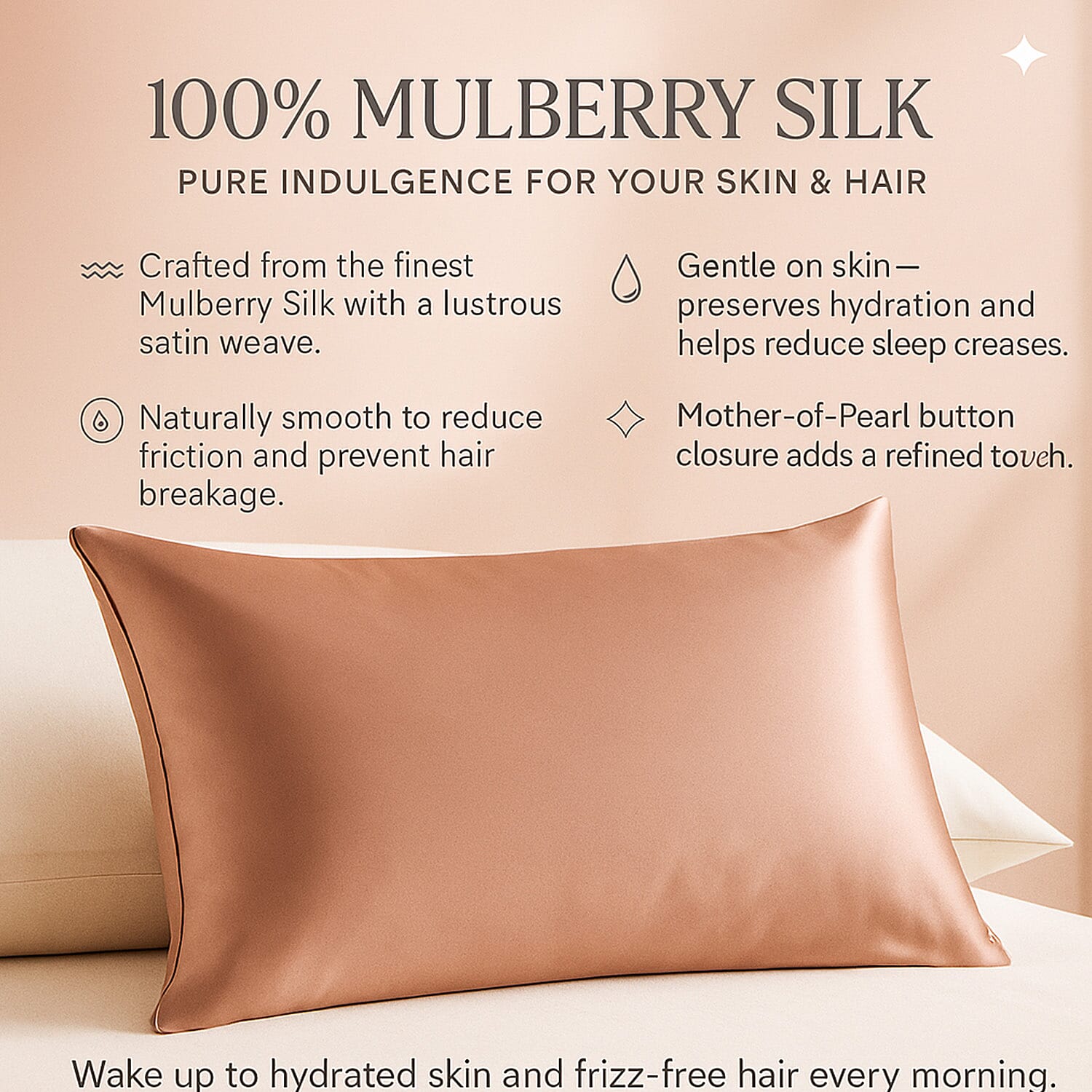 LIVMORE 100% Mulberry Silk Luxury Pillow Cover with MOP Button Closure - Rose Gold