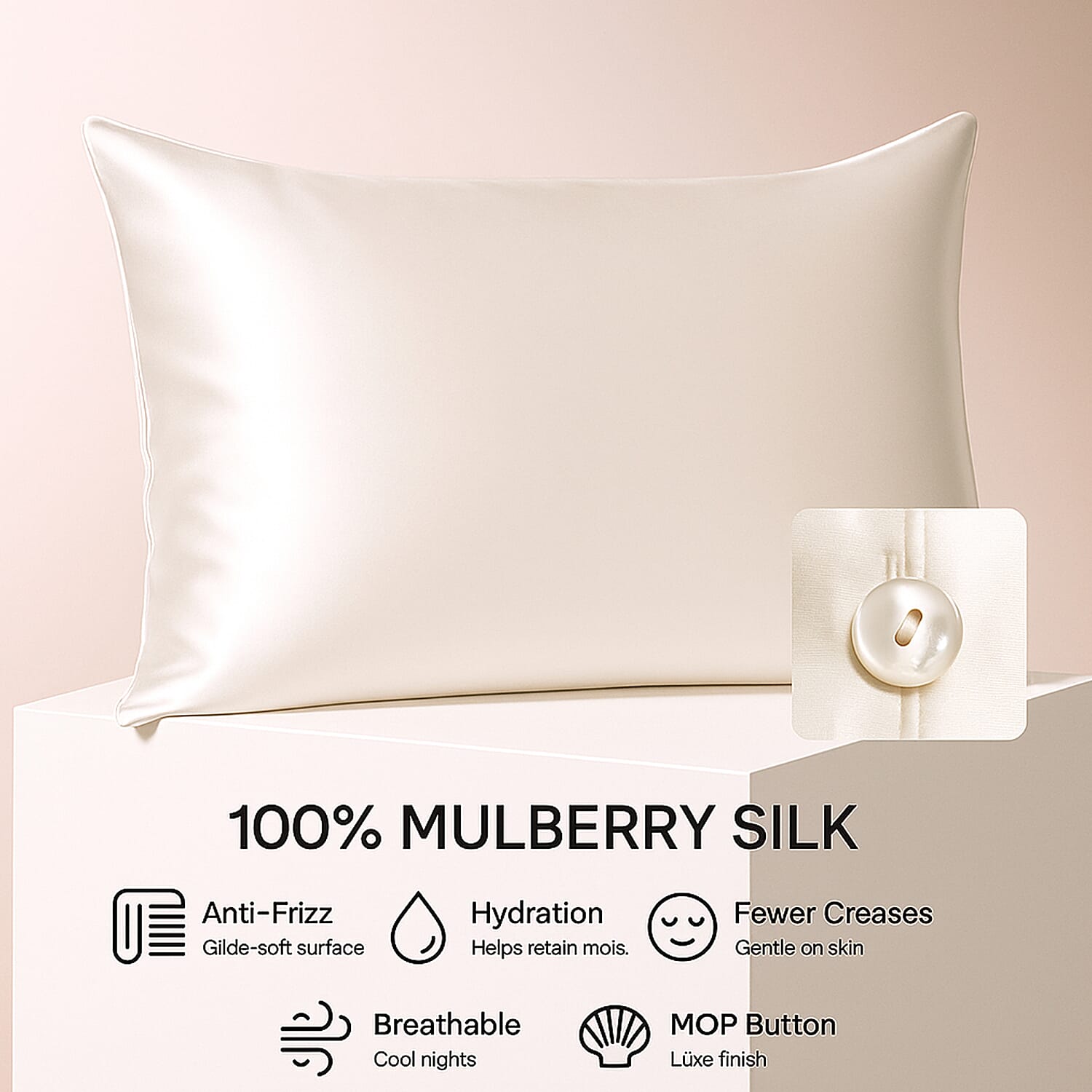LIVMORE 100% Mulberry Silk Luxury Pillow Cover with MOP Button Closure - Ivory