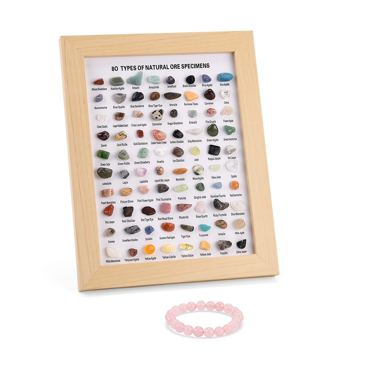 80 Genuine Gemstone Frame Collection with Bracelet (Size 7 Strachable) - Rose Quartz