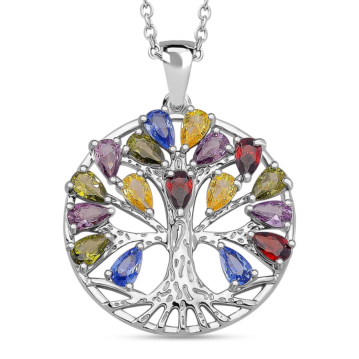 Multi Color Cubic Zirconia Tree of Life Necklace (Size - 20) 6.00 Ct.