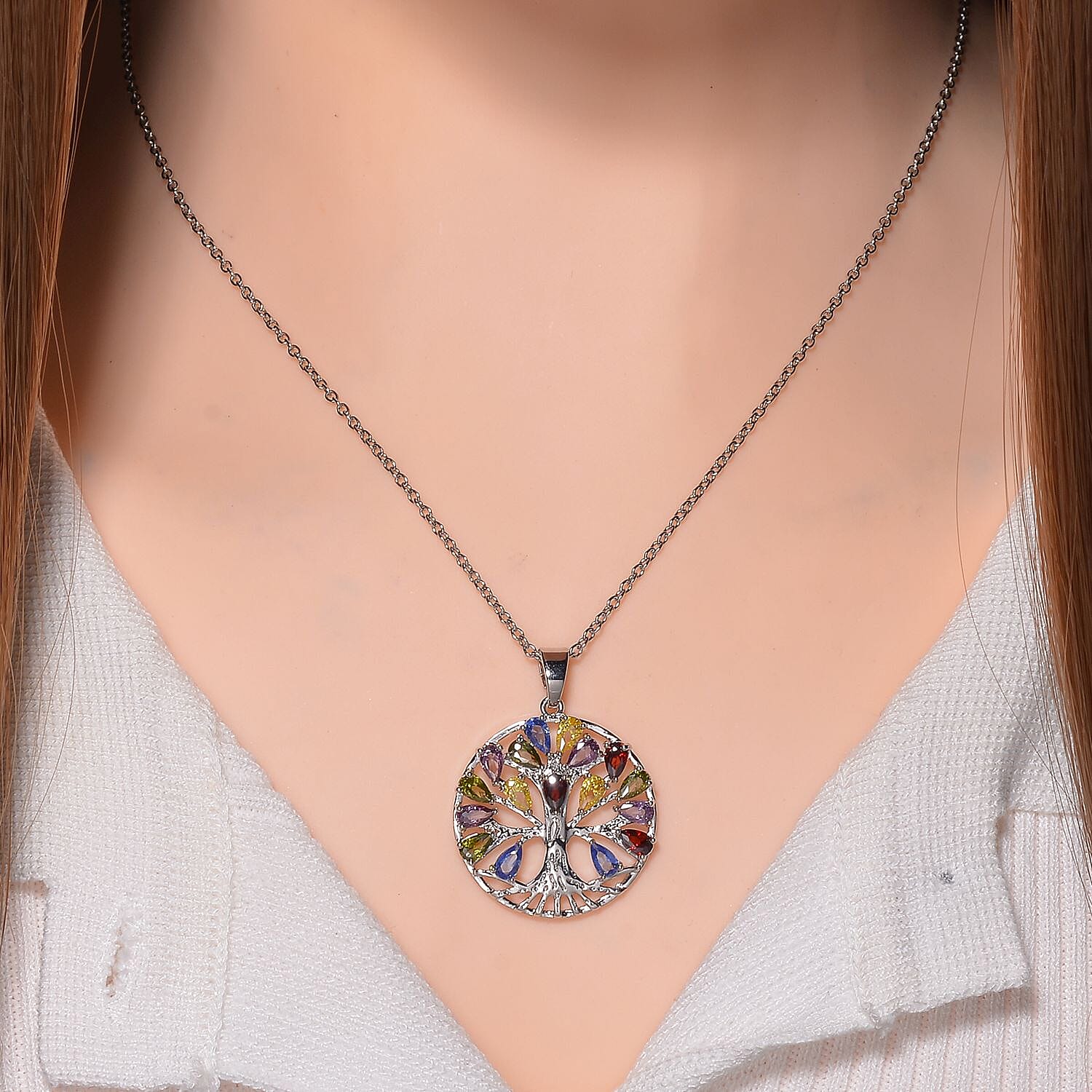 Multi Color Cubic Zirconia Tree of Life Necklace (Size - 20) 6.00 Ct.