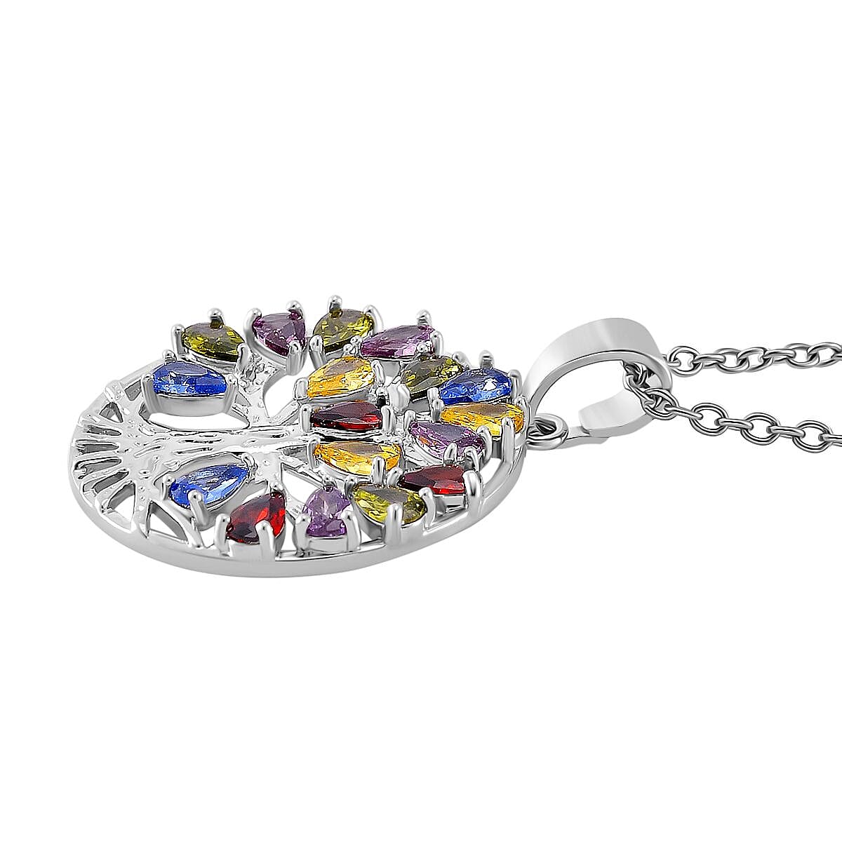Multi Color Cubic Zirconia Tree of Life Necklace (Size - 20) 6.00 Ct.