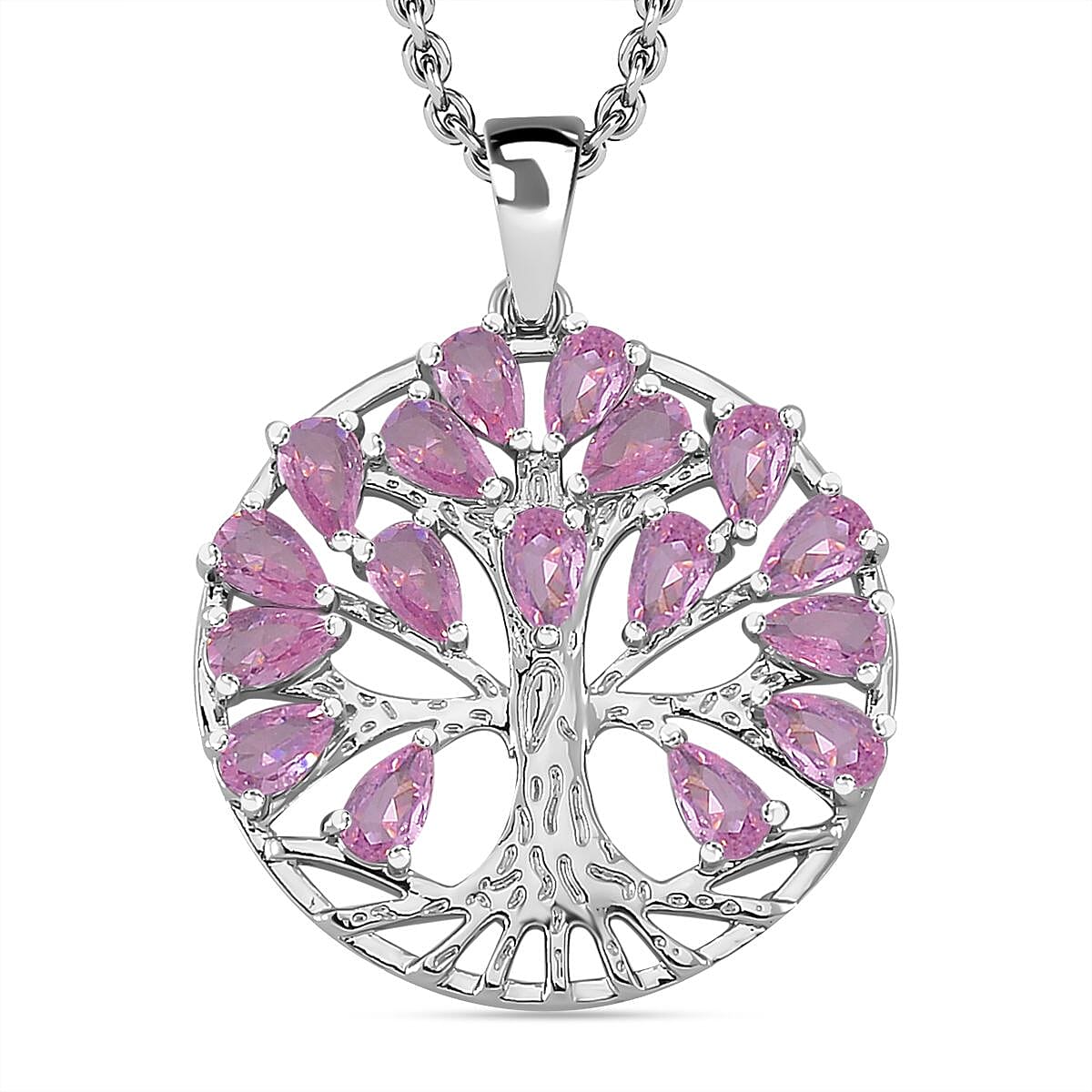 Pink Cubic Zirconia Tree of Life Necklace (Size - 20) in Silver Tone 6.00 Ct.