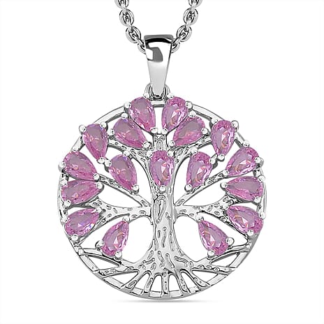 Pink Cubic Zirconia Tree of Life Necklace (Size - 20) in Silver Tone 6.00 Ct.