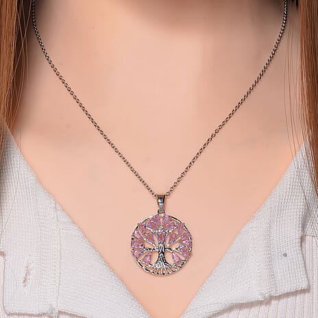 Pink Cubic Zirconia Tree of Life Necklace (Size - 20) in Silver Tone 6.00 Ct.
