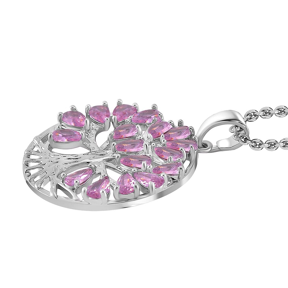 Pink Cubic Zirconia Tree of Life Necklace (Size - 20) in Silver Tone 6.00 Ct.